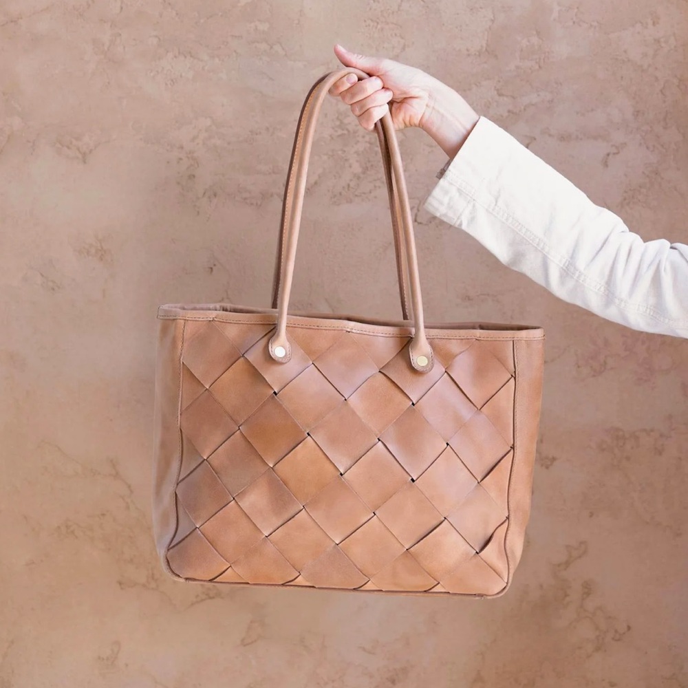 Nisolo Carry-ALL Handwoven Leather Handbag Tote in Almond - Picture 2 of 11